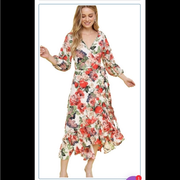 Large Black and white polkadot wrap style dress w ruffle hemline, bell sleeves - Picture 4 of 5